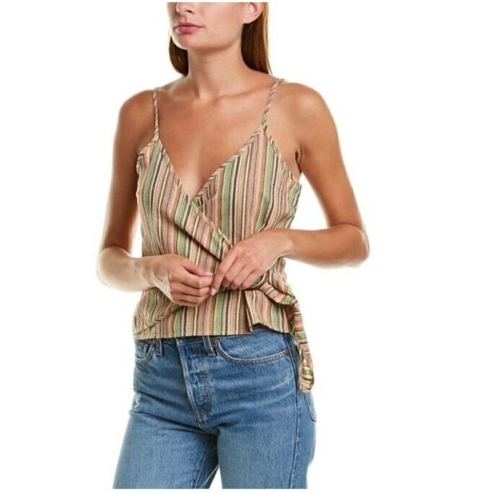 Lumiere Womens Small Striped Faux Wrap Cropped Top Cotton Adjustable Straps Boho